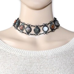 Vintage Gemstone Choker Necklace Black Metal Agate Jasper Chalcedony Carnelian