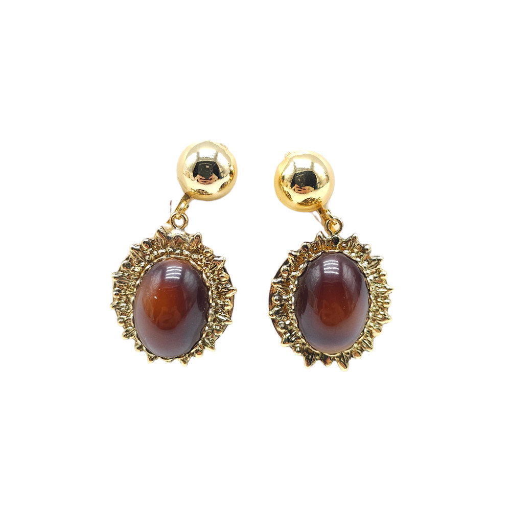JC Penny Brown Cabochon Dangle Drop Earrings Gold Tone Vintage NWTs