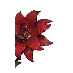 Francois Red Enamel Rhinestone Metal Stemmed Flower Brooch, Signed E957
