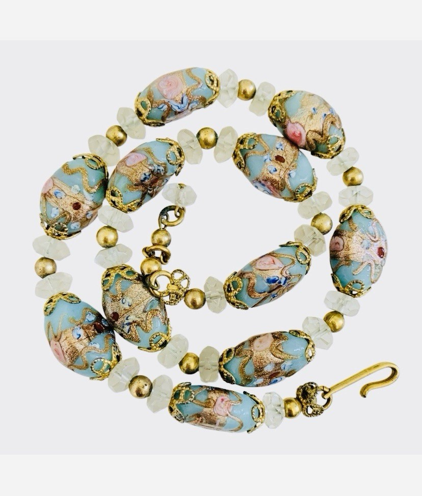 Vintage Venetian Murano Blue Wedding Cake Glass Bead Necklace 15.5”