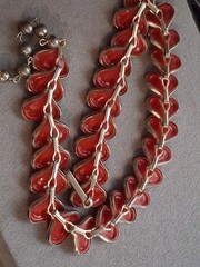 Vintage red celluloid stylized leaf abstract necklace, 16″, articulated