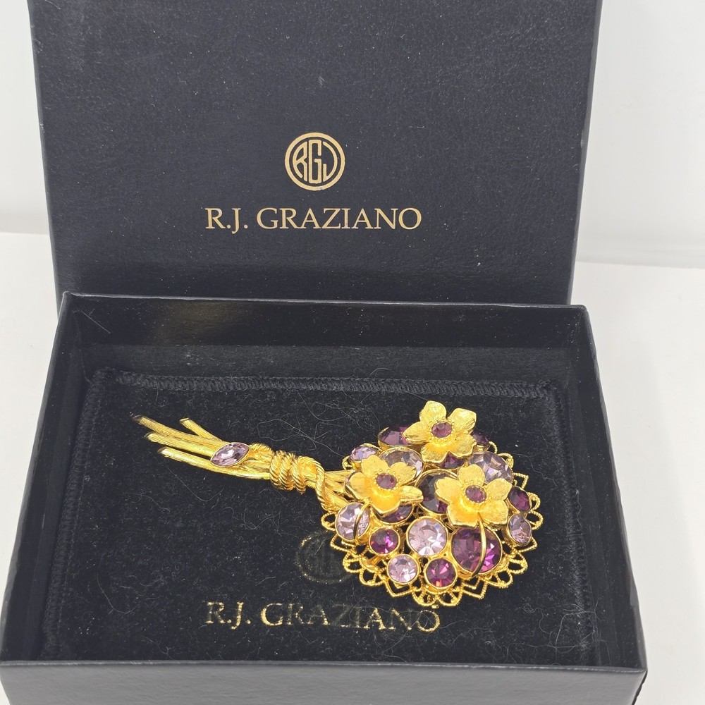 Signed RJ Graziano Purple Rhinestone Floral Bouquet Brooch
