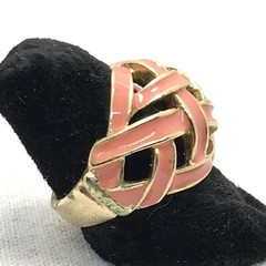 Vintage Signed 18K HGE Gold Plated Coral Enamel Basket Weave Ring varied sizes