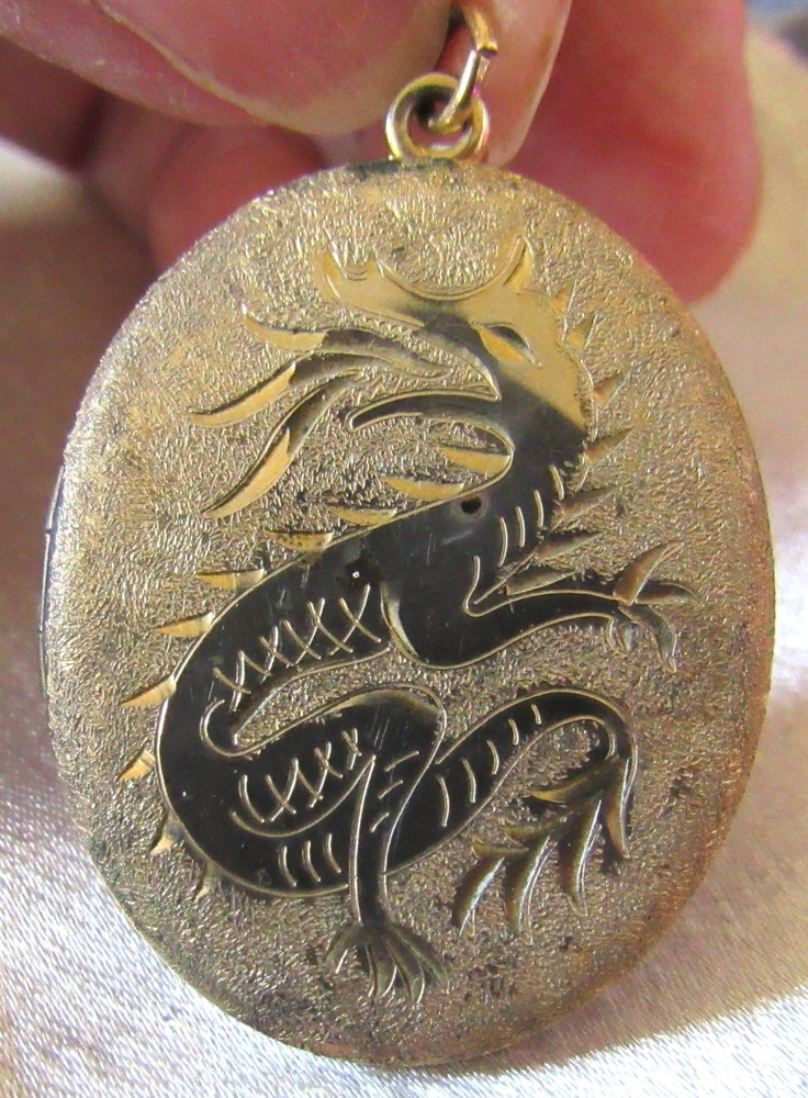 Vintage Gold Tone Dragon Locket Pendant 1-3/8 – 1-1/8″