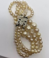 Vintage Triple Strand Faux Pearl Bracelet 6.5” Jewelry Silver Clasp Latch Japan