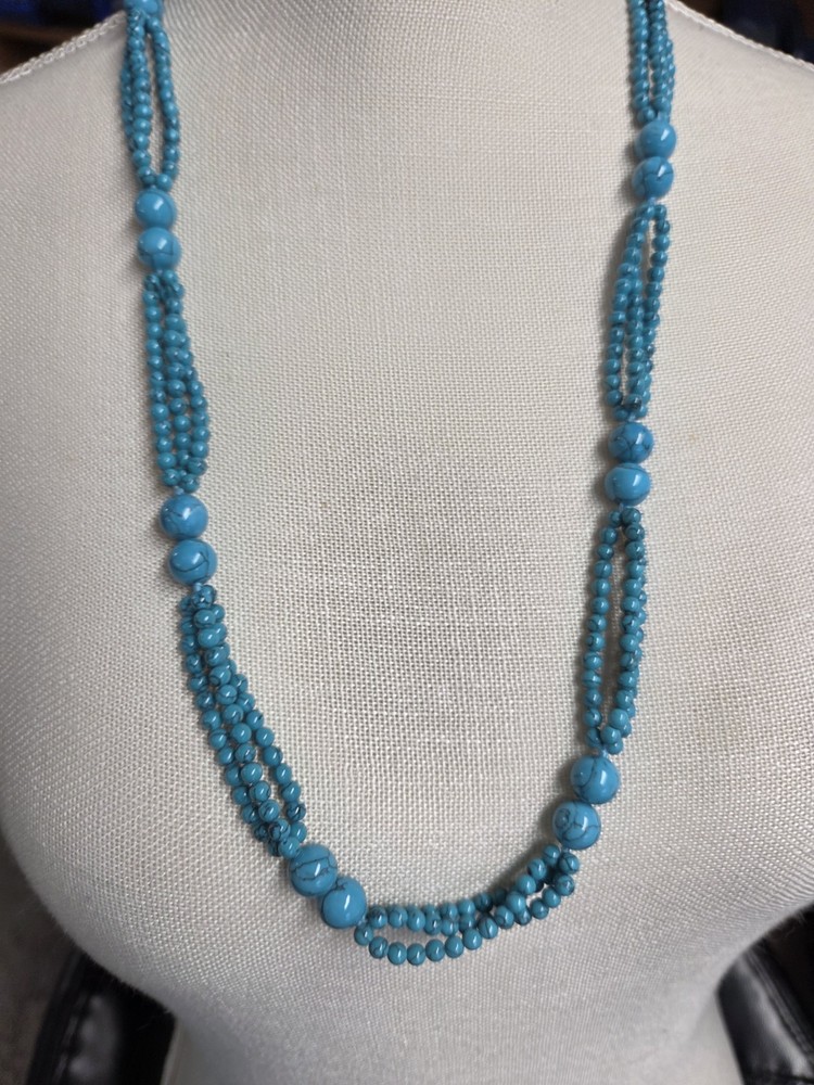 Vtg turquoise color blue beaded 3 strand spacer satin Necklace