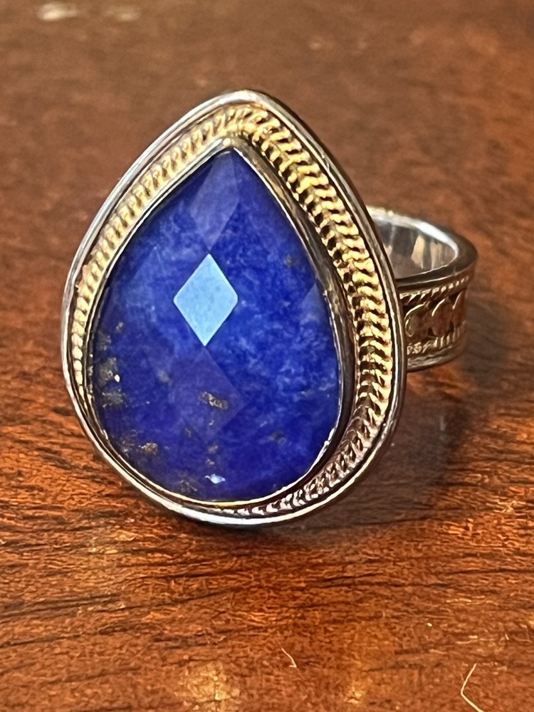 Anna Beck 18K Gold Plated Sterling Silver Faceted Teardrop Blue Quartz Ring SZ 7