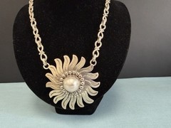 TAXCO MEXICO LPV VTG STERLING SUNFLOWER MABE PEARL BOLD STATEMENT NECKLACE 123g