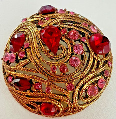 Unsigned LaRoco Textured Brass Pink & Cranberry Austrian Crystals Brooch 1950s