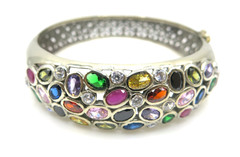 Vintage Multi-Color Gemstone Bangle Bracelet 925 Sterling Silver Citrine Ruby