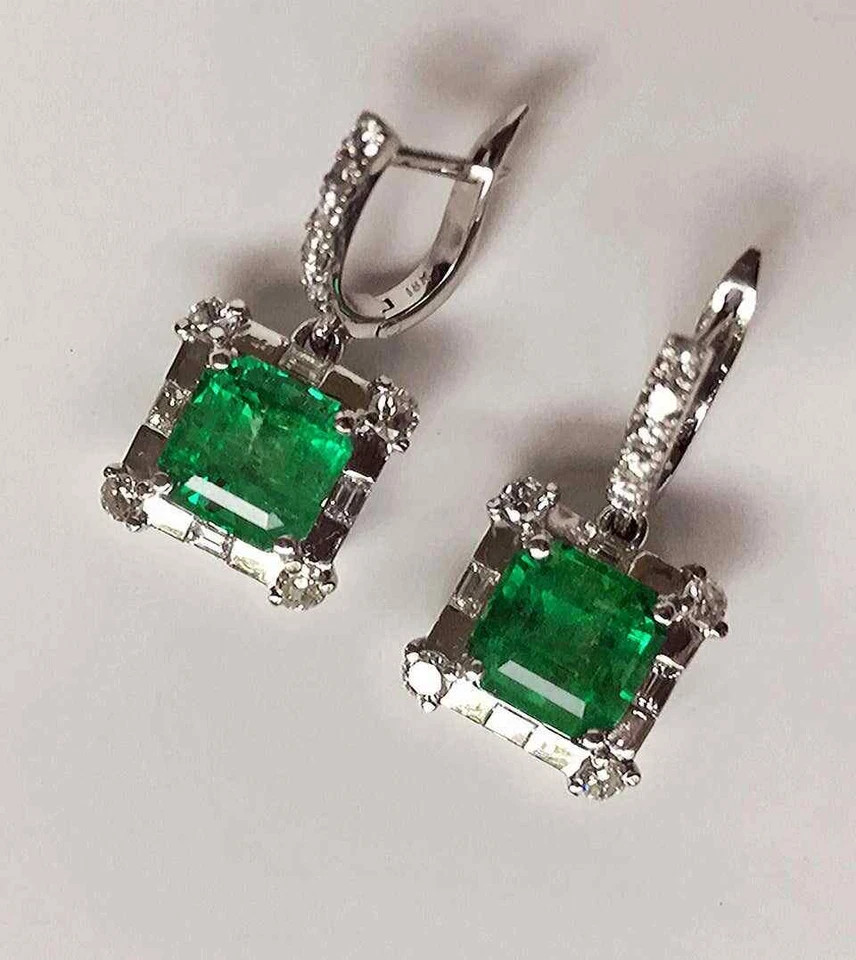 Art Deco 10.81CT Colombian Emerald Square Cut & White CZ Earrings Set For Girls.