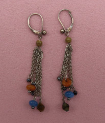 Vintage Sterling Silver Earrings Pink Blue Brown Gemstones 2.5 in Tassels 83f