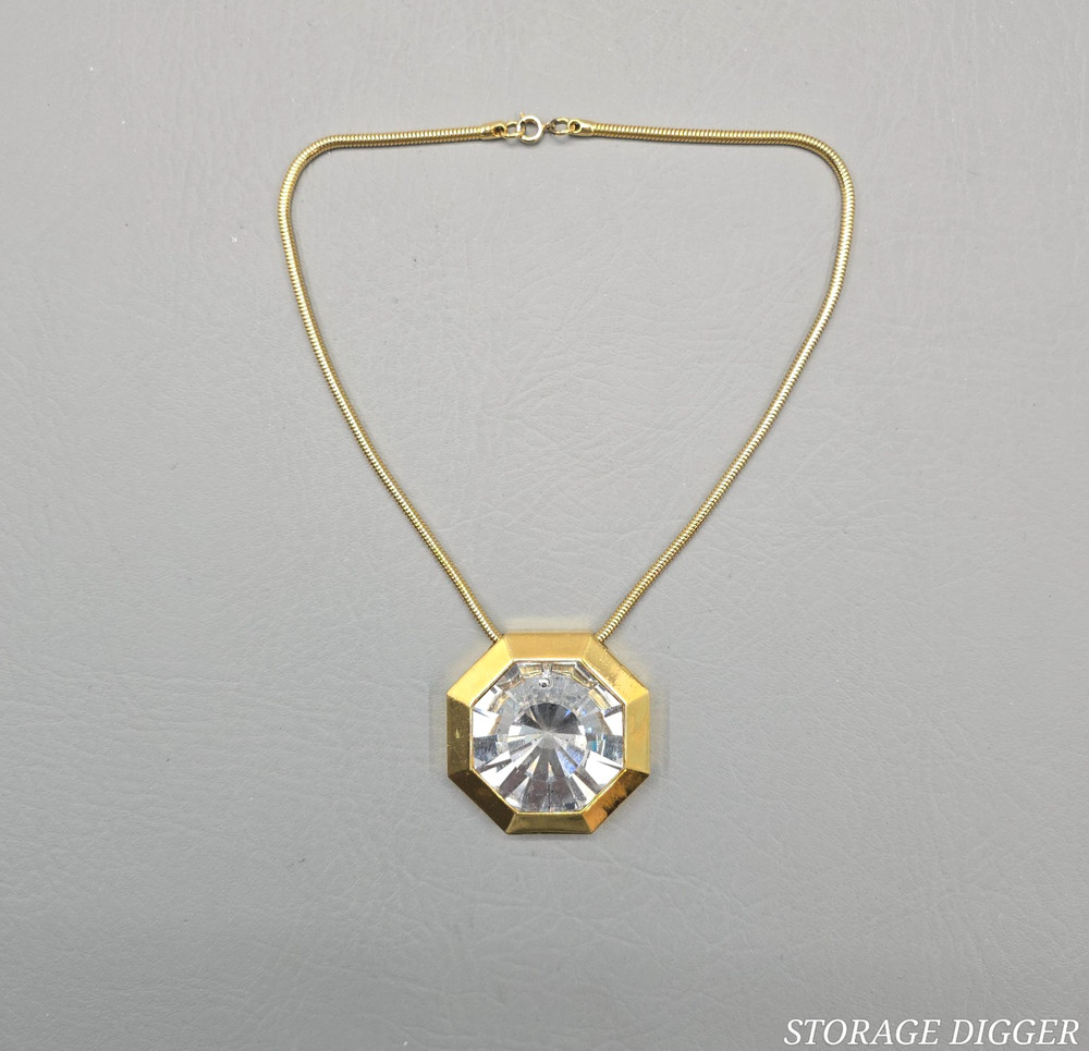 VTG Lanvin Paris Swarovski Crystal Pendant Necklace Gold-Tone Snake Chain 18″