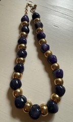 Vintage Chunky Bead Necklace Purple Stone Gold Tone Choker Heavy 15-16”