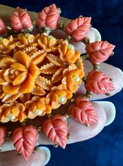 Vintage Pink Orange Carved Thermoset Brooch Gold Tone Back Faux Pearls
