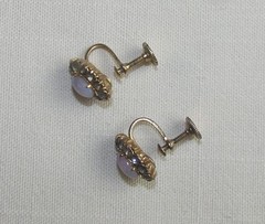 Vintage 50’s Vargas Faux Fire Opal & Rhinestone Screw-On Huggie Earrings