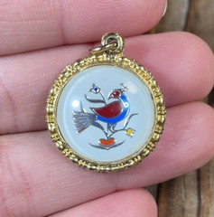 Vintage double sided bird pendant gold tone red white blue
