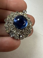 Vintage Necklace Karu Blue Glass Cabochon Pendant Clear Chain
