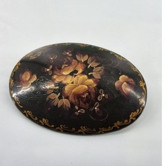 Vintage Russian Lacquer Brooch Hand Painted Black Gold Floral Oval Pin