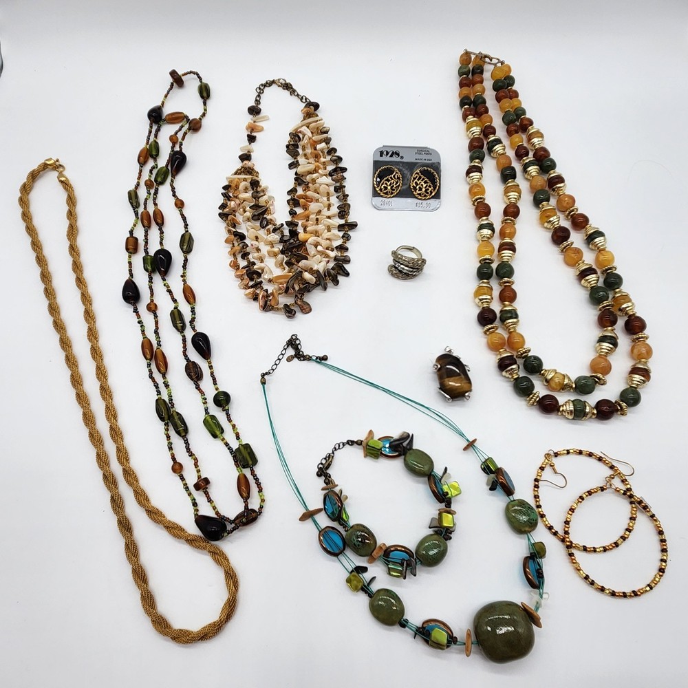 Vintage Costume Jewelry Lot Earth Tone Boho Necklaces Earrings Shell Mixed