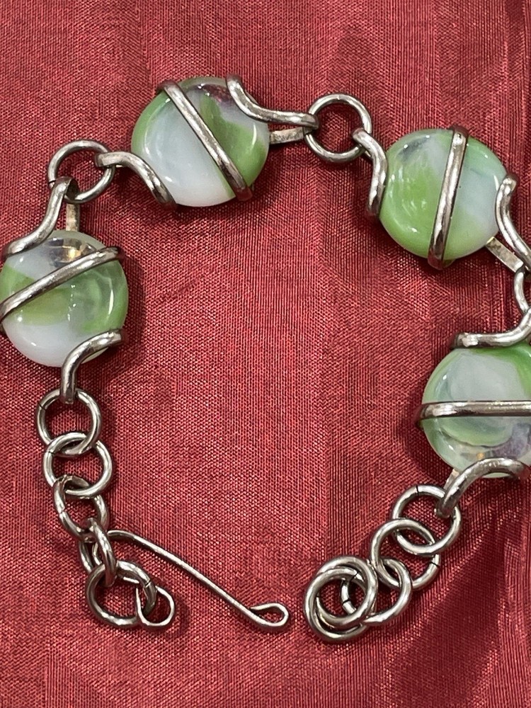 Vintage Green Satin Glass Bead Bracelet Sterling Clasp