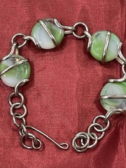 Vintage Green Satin Glass Bead Bracelet Sterling Clasp
