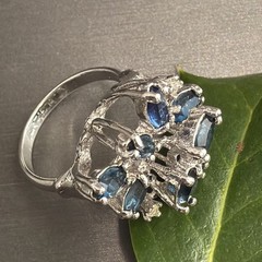 Vintage Spray Ring Estate Fine Jewelry Sz 7 18K White Gold Plated Blue Marquise