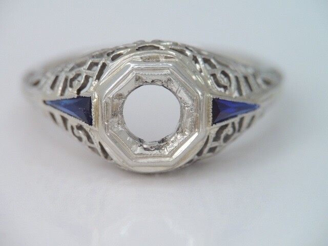 VINTAGE ART DECO 18K WHITE GOLD SAPPHIRE FILIGREE SEMI MOUNT RING 5 1/2