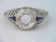 VINTAGE ART DECO 18K WHITE GOLD SAPPHIRE FILIGREE SEMI MOUNT RING 5 1/2