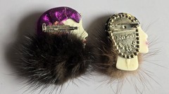 2 Lot Vintage Real Fur Mink Pin Brooch Lady Face Profile HAN SHIN (1) marked