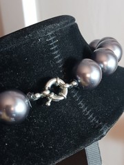 18in Glass Metallic Black Faux Pearls Necklace Large 0.5 Inch/12mm, Big Clasp