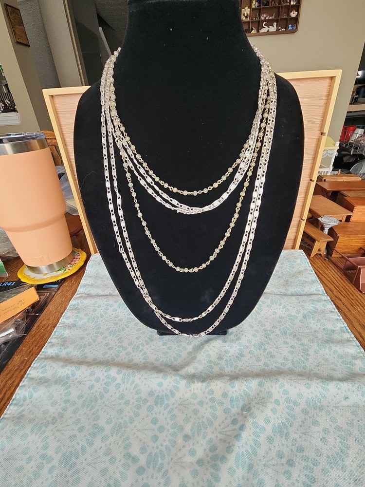 Vtg Art Deco Paper Clip Necklace 3 Strand Long Silver Layered Necklace Beauty