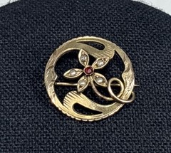 Antique Victorian Gold Filled Brooch Pin Flower Faux Seed Pearl Vintage Signed