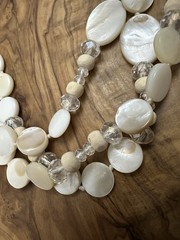 Vintage Triple Strand Shell MOP Crystal Wood Bead Necklace 17” Layered Boho Chic