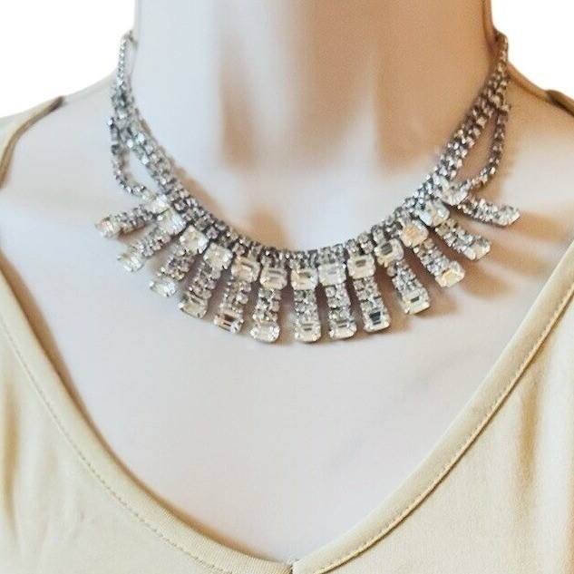 VTG Crystal Rhinestone Necklace choker Silver Clear Elegant Baguettes Bib 14.5″