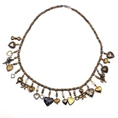 Vtg Estate Silver Bronze Gold Tone 24 Charms Necklace Glass Works Studio Style