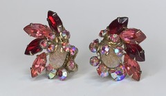 Vintage Pink Lava Glass Cabochon Red Pink and AB Rhinestone Clip On Earrings