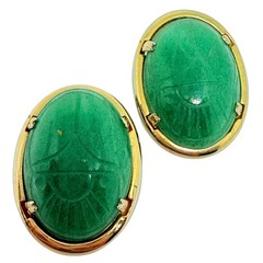 Vintage JJJ Co 1 /20 12k gold filled green jade carved scarab clip on earrings