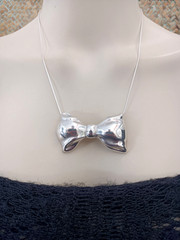 Vintage Sterling Silver Bow Necklace Brooch Puffy Tie Modernist 80s Israel Bold