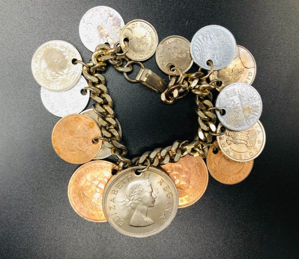Vintage 15 RARE 1950’s Coin Charm Bracelet South Africa, India, Osterreich, Mex