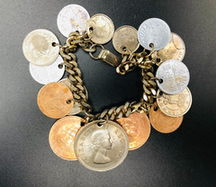 Vintage 15 RARE 1950’s Coin Charm Bracelet South Africa, India, Osterreich, Mex