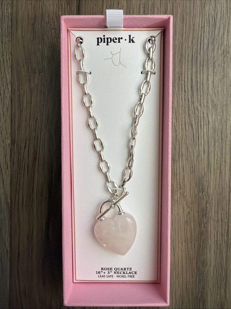 Piper.k Rose Quartz heart pendant necklace 16”+3”silver tone leadsafe nickelfree