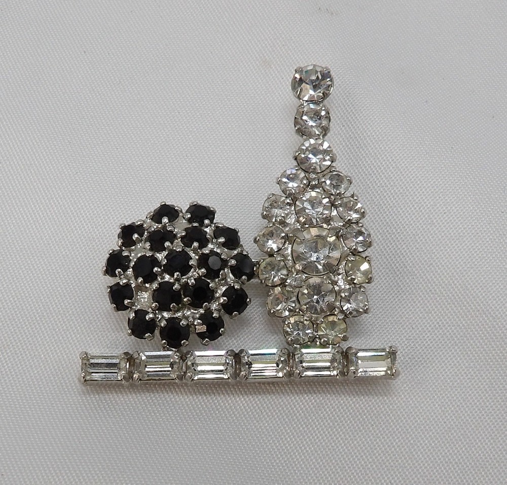 VTG Signed B David Brooch – Bowling Ball & Pin – Black/Clear Crystal Stones