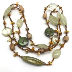 Vintage Green Glass Stone & Mother Of Pearl Beaded Long Strand Necklace 46″