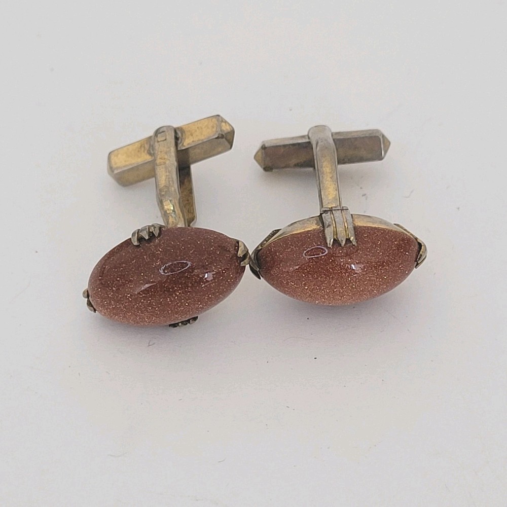 Vintage Goldstone Cufflinks Gold Tone Oval Retro Bullet Back