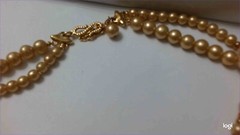 VTG Double Strand Creamy Beige Faux Pearls Honey Amber Rhinestone Bead Necklace