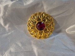 Vintage Lady Remington Round Brooch Gold Tone With Faux Red Gem