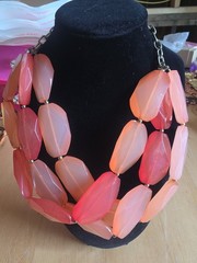 Watermelon Red Chinky Plastic( Lucite) 3 Layered Necklace. 19″