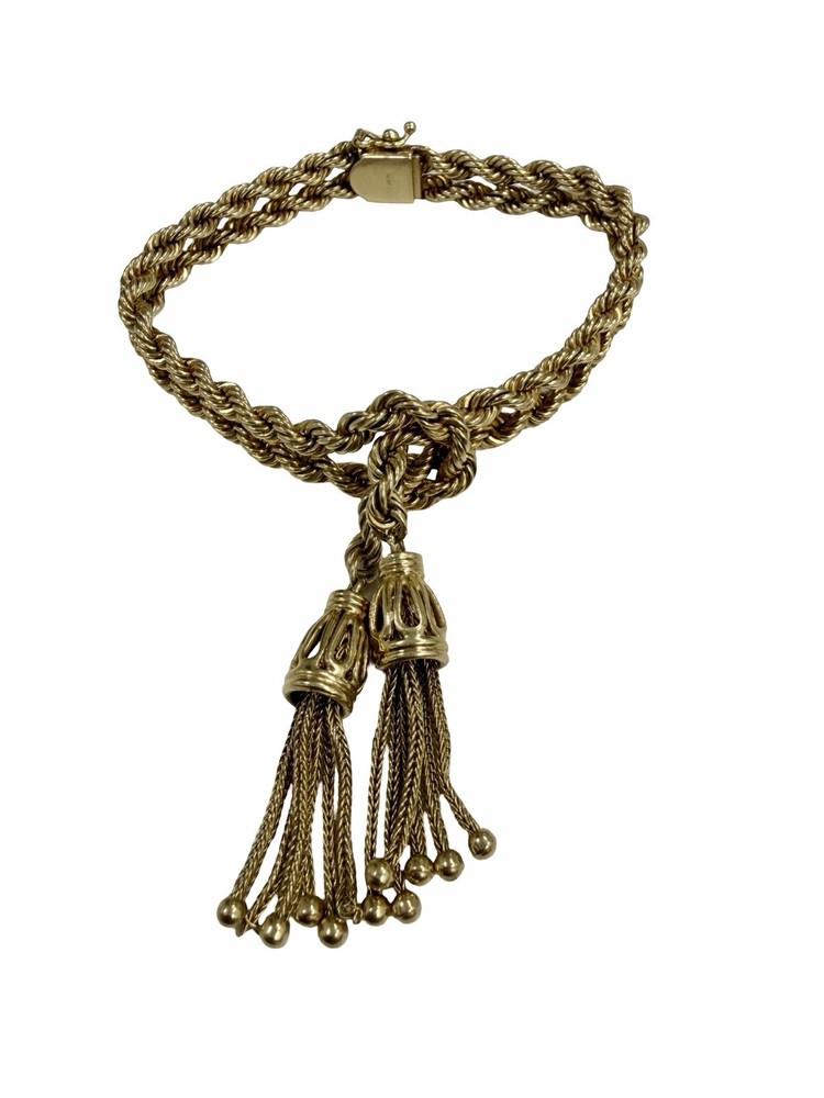 Heavy 14k Yellow Gold Knotted Rope Dangling Tassel Bracelet Vintage Estate