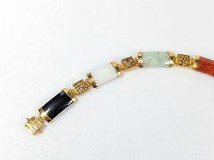 Vtg Six Color Jade w/ Six Chinese Lucky Characters Gold Plated Bracelet 7.5″